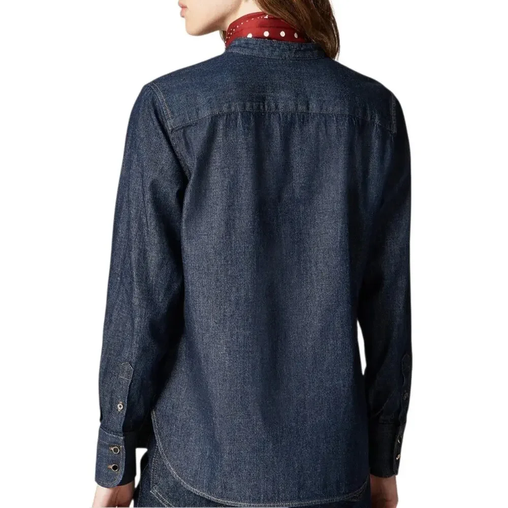 J Crew Denim Jean Tuxedo Shirt Long Sleeve Western Top Cotton Dark Wash Small 4